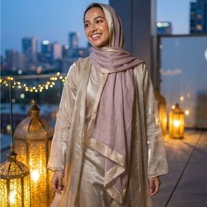 Elegant Gold abaya set with inner dress and matching hijab.